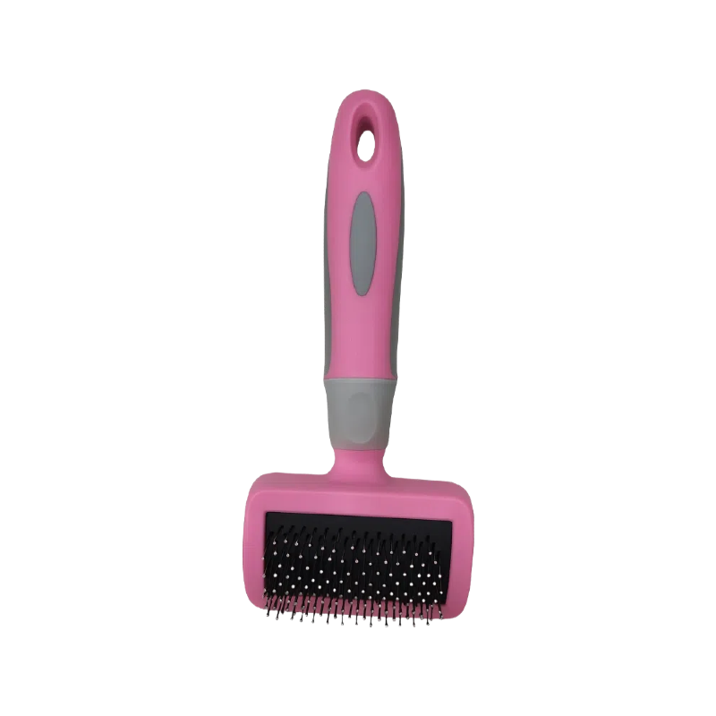 Escova para Pets DT11 - Pente Desembaraçador Rosa para Cães e Gatos com cerdas suaves para remoção sem dor de pelos mortos e massagem relaxante, design ergonômico antiderrapante.