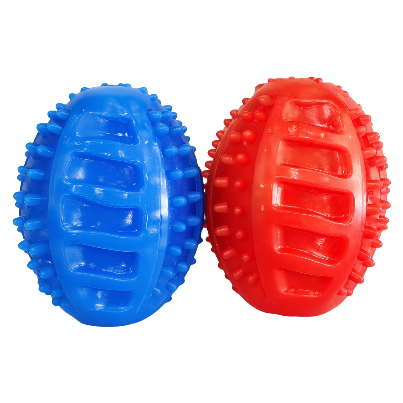 Brinquedo de mastigação resistente para cães em TPR durável com guizo interno - Bola de dentição azul e vermelha para saúde dental (8.2x5.2cm)