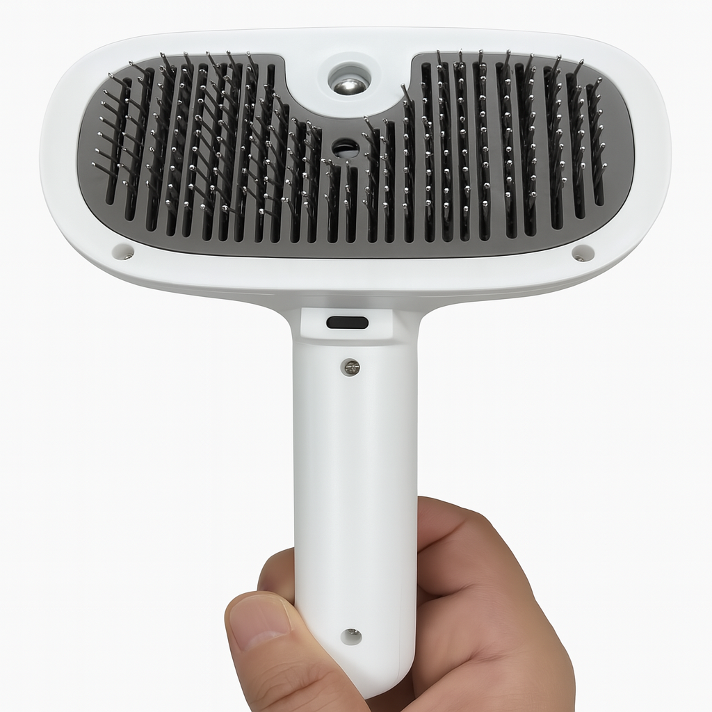 Escova de vapor 3 em 1 para pets - remove pelos soltos, desembaraça e hidrata com tecnologia de vapor e design ergonômico para cães e gatos